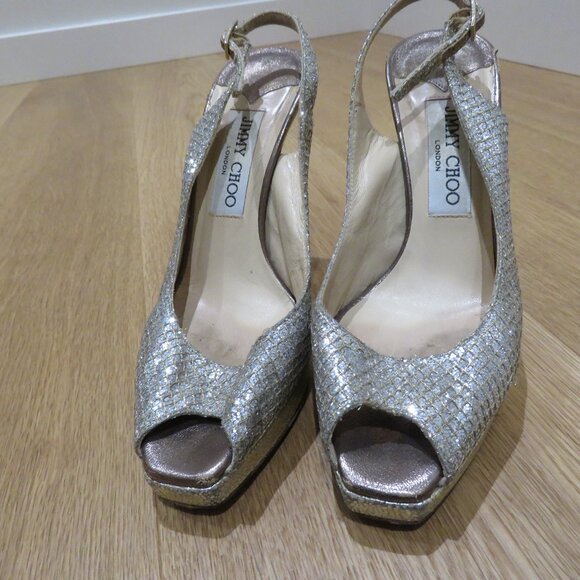 JIMMY CHOO Nova Slingback Sparkle Glitter Platform Peep Toe Heels Cocktail US 6 - Picture 4 of 14